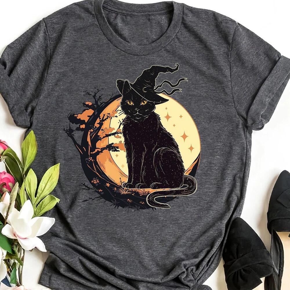 Black Cat Witch T-Shirt Retro Halloween Moon